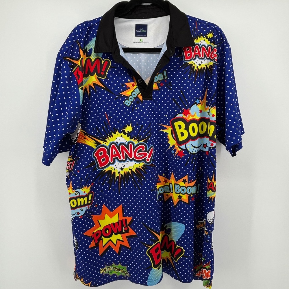 ReadyGOLF Mens Comic Book Boom Bang Pow Polka Dot Golf Polo Shirt Blue XL - Picture 3 of 9